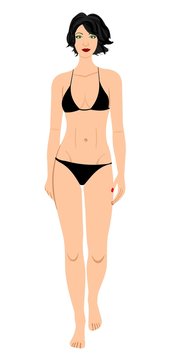 The brunette in a black bathing suit isolated on a white backgro