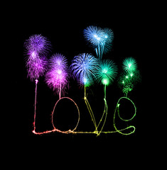 Love sparkler firework light alphabet with fireworks
