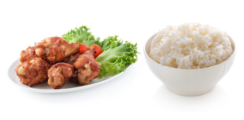 rice and fried chicken on white background