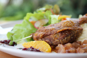 Duck confit , Roasted duck with blueberry sauce