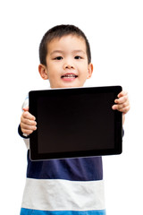 Little handsome boy portrait holding tablet with smiling face