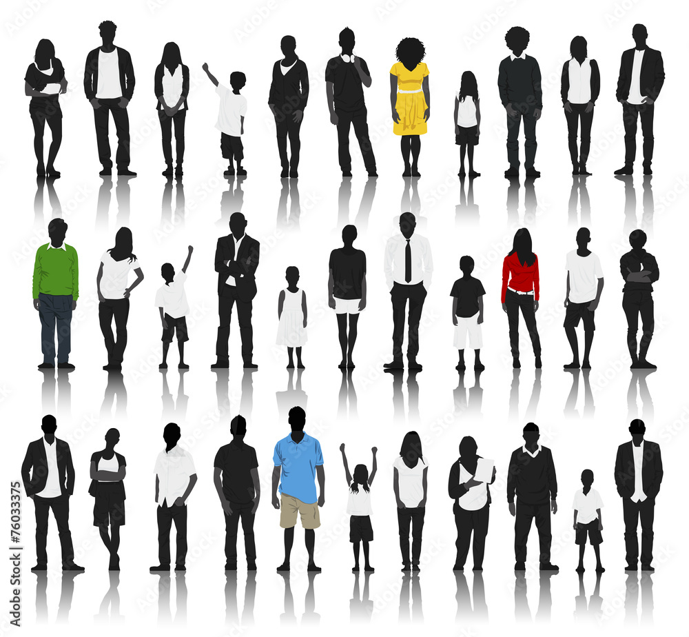 Poster Silhouettes of Casual People in a Row with some Colour