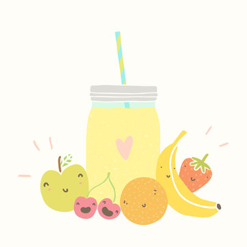 Jar with smoothie and funny fruits.