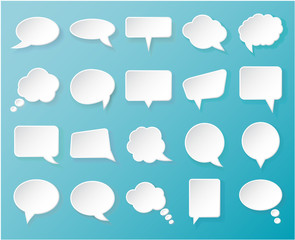 Shiny white paper bubbles for speech on an blue background.