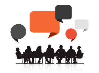 Silhouettes of Business People in a Meeting and Speech Bubbles