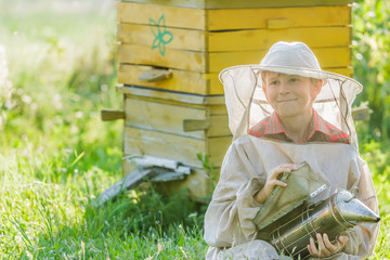 Teenage beekeeper with painted wooden beehives