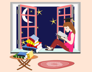 Girl student studying at night sitting on the windowsill