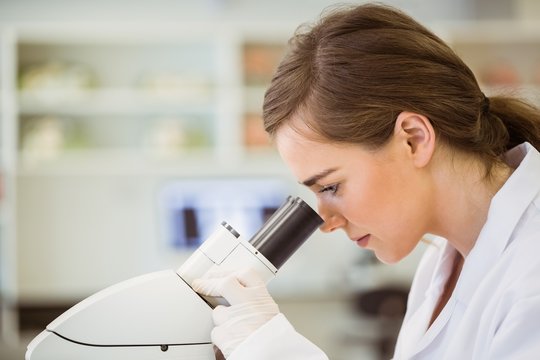 Young scientist working with microscope