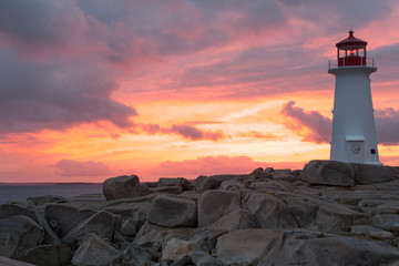 Peggys Point Lighthouse at sunset, Nova Scotia