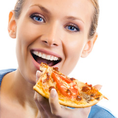 Woman eating pizza, over white