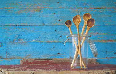 kitchen utensils, wooden spoons, free copy space