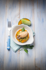 sepia with steamed pumpkins and leek salad