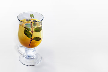Glass of  tea with a plant branch