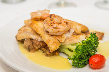 Sauteed Shrimp on Broiled Fish