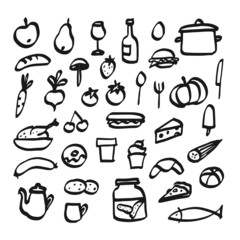 Set of doodle icons of food, drink and kitchen utensils, vector