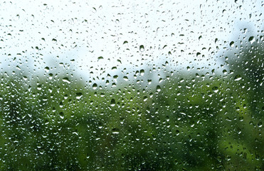 Rain drops on a window with a blurred green landscape