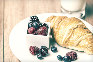 Retro Photo Of Croissant Breakfast With Milk And Berries