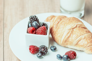 Retro Photo Of Croissant Breakfast With Milk And Berries
