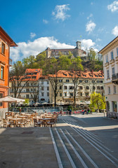 Ljubljana street with castle, Slovenia