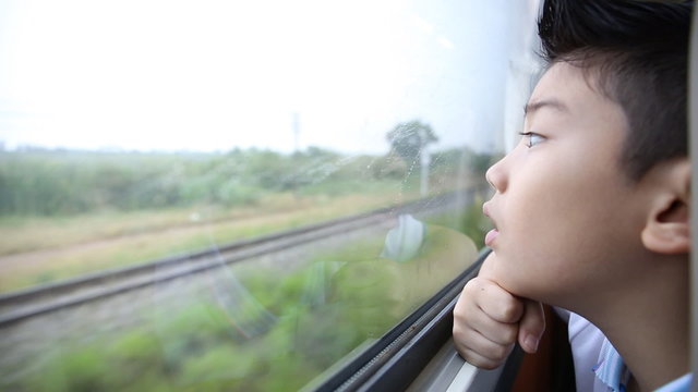 Close up of Asian child on A Train, Smiling At The View