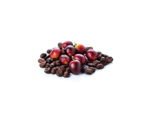 coffee beans and red ripe coffee Isolated on white background.
