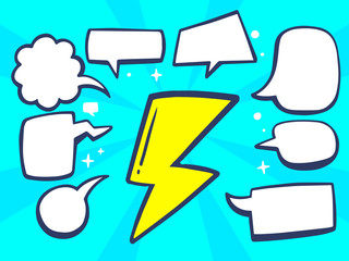 Vector illustration of yellow lightning with speech comics bubbl