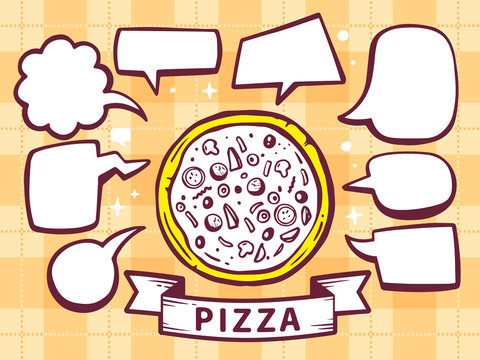 Vector illustration of pizza with speech comics bubbles on yello