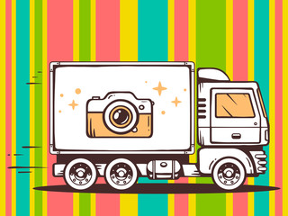 Vector illustration of truck free and fast delivering photo came