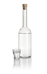 Spirituosenflasche und Stamper gefüllt mit klarer Flüssigkeit