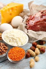 Food high in protein on table, close-up