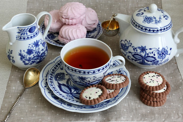 Tea break with white-blue porcelain.