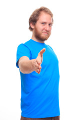 Cheerful man gives hand to handshake