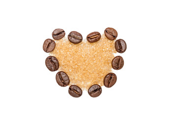Coffee beans heart with sugar