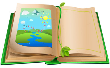 Open book with an illustration of the landscape.