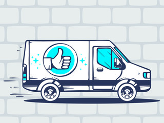 Vector illustration of van with label thumb up free and fast del