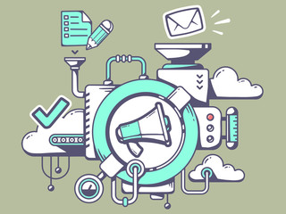 Vector illustration of mechanism with megaphone and office icons