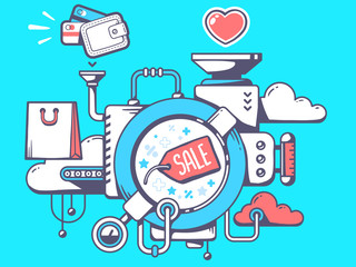 Vector illustration of mechanism with label sale and shopping ic