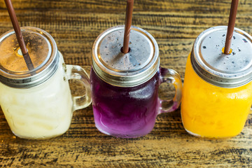 Lychee, Blue pea with lime, Orange juice.