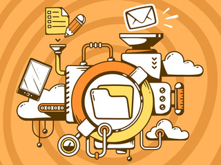 Naklejka premium Vector illustration of mechanism with folder and office icons on