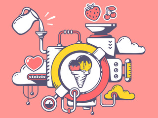Vector illustration of mechanism to make ice cream and relevant