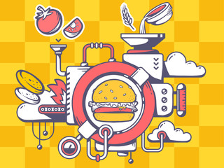 Vector illustration of mechanism to make big burger and eatable