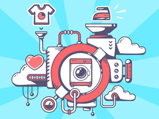 Vector illustration of mechanism with washing machine and releva