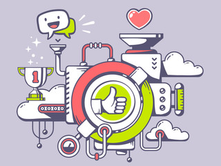 Vector illustration of mechanism with label thumb up and relevan