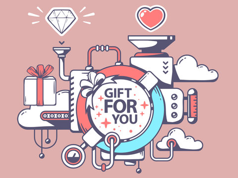 Vector illustration of mechanism to make gift and relevant icons