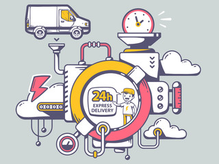 Obraz premium Vector illustration of mechanism 24 hours express delivery and r