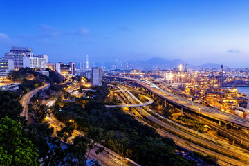 container terminal and stonecutter bridge in Hong Kong