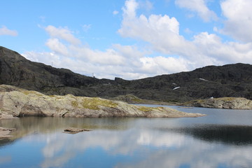 Mountains lake and blue sky with some clouds.