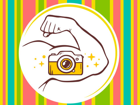 Vector illustration of strong man hand with photo camera icon on