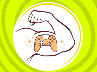 Vector illustration of strong man hand with  icon of joystick on