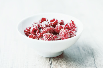 Retro Photo Of Raspberry Bowl Full Of Fresh Red Raspberries